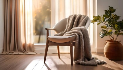 Soft cozy blanket casually draped over a modern chair, showcasing home comfort and relaxation