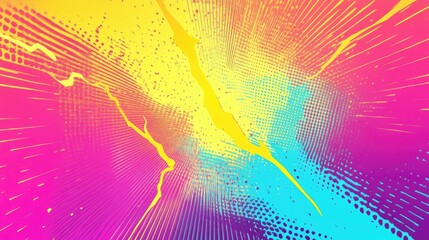 Obraz premium Vibrant abstract art featuring dynamic splashes of pink, yellow, and blue, creating an energetic visual burst.