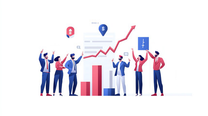 Diverse group of professionals analyzing financial growth with charts and graphs. Bright colors convey a sense of teamwork and success.