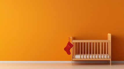 Baby crib with Christmas stocking hanging on the side, holiday warmth, 3D illustration