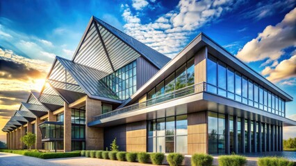 Fototapeta premium Modern architectural design with a geometric roof and expansive windows, showcasing a contemporary building against a bright sky.