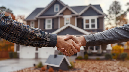 Two people shaking hands in front of a suburban house. Outdoor setting with focus on hands. Concept of real estate or agreement.