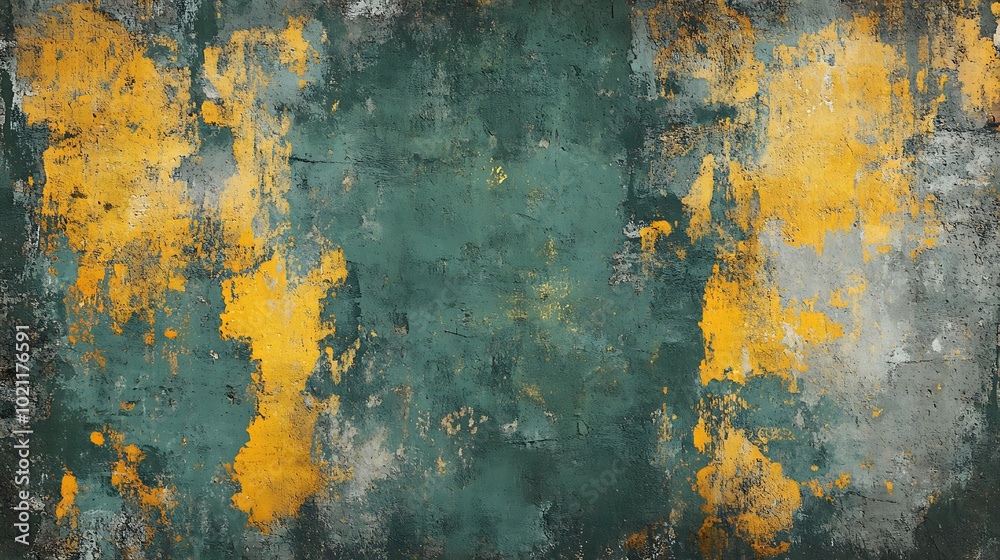 Poster a textured background featuring deep green hues with splashes of vibrant yellow and subtle grey, cre