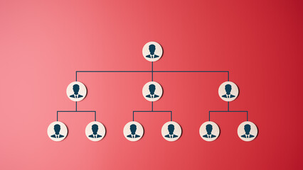Company tree diagram, employees hierarchy table. Organization chart, business leveling map, or organigram. Wooden labels on red background with a structure tree diagram. Human resources career path.