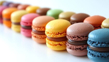 Obraz premium A colorful row of vibrant macarons arranged in rainbow order against a white background