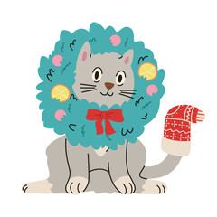 Cute cat sitting in Christmas wreath with stocking on tail flat vector illustration isolated on white.