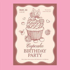 Vector birthday invitation with line illustration of cupcake with berries, cream, and chocolate