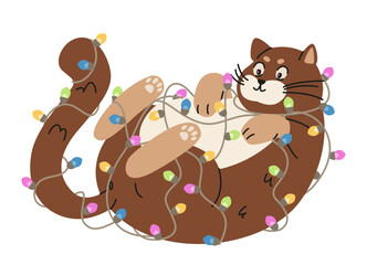 Funny plump cat laying on back and playing with Christmas garland flat vector illustration isolated on white. Cute cat wrapped in garland.