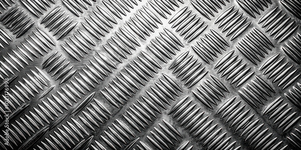 Poster A high-resolution image of a textured steel surface with a repeating pattern of raised oval shapes forming a diamond-like grid.