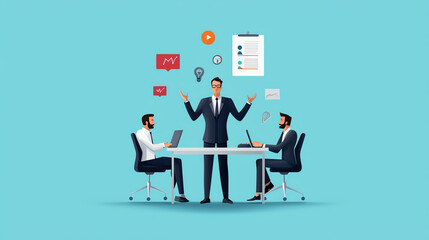 Obraz premium Professional teamwork scene with two colleagues and a manager collaborating at a table, surrounded by digital communication icons, bright background.