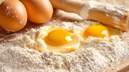 Ingredients for flour and broken eggs on a pile of wheat flour, pastries on a wooden table, bread ingredients, and Christmas cooking
