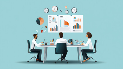 Team of professionals collaborating at a desk with charts and analytics on a screen, showcasing modern workplace dynamics and teamwork.