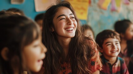 Obraz premium Volunteers Engaging with Children in a Classroom Setting