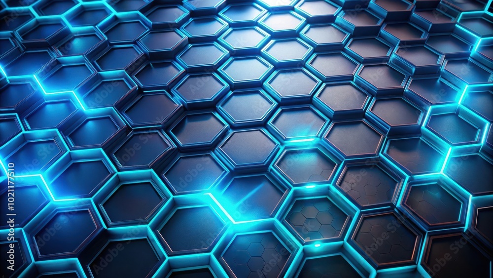 Leinwandbilder Abstract geometric hexagonal pattern with blue glowing honeycomb design, futuristic surface with self luminous hexagons,  for technology backgrounds and digital art projects