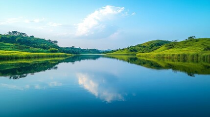 Serene Lake Reflecting Green Hills and a Blue Sky