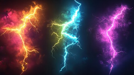 Obraz premium Vibrant lightning bolts illuminate a dark stormy sky in shades of orange, blue, and purple, creating a dramatic and electrifying atmosphere.