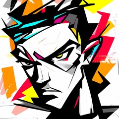 A stylized graphic illustration of a young man with sharp features and vibrant colors.