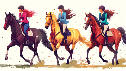 Three women riding horses galloping fast, wearing helmets and colorful outfits