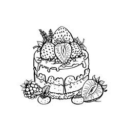 Vector hand drawn illustration of cupcake with cream, orange, raspberry and blueberry. 