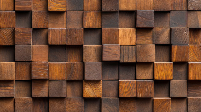 Abstract background made of wooden squares. Wooden texture for interior design, 3D Tiles arranged to create a Natural wall Timber Wood Background.