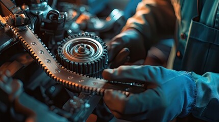 A male mechanic skillfully works on a complex engine component in a workshop, focusing on precision and detail.