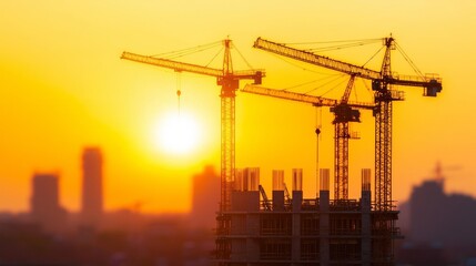 Epic sunset casting golden hues over construction cranes and building site, dynamic city expansion
