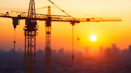 Epic sunset casting golden hues over construction cranes and building site, dynamic city expansion