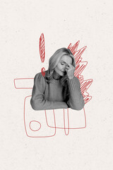 Composite trend artwork sketch photo collage of monochrome aged woman portrait headache burnout...