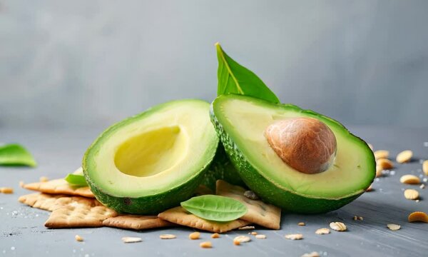 Sliced avocado with whole grain crackers, clean background, natural lighting
