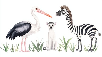 Fototapeta premium Assorted wild animals in watercolor, isolated on white background.
