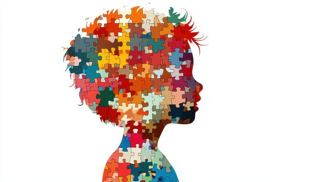 recommend clip art: child silhouette made of colorful puzzle pieces on white background 