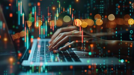 Close-up of hands typing on a laptop keyboard, with glowing financial data charts and graphs representing analytics and digital business.