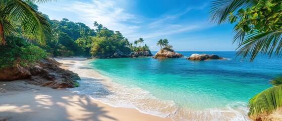 Obraz premium Pristine tropical beach featuring turquoise waters, lush palm trees, and a serene atmosphere under a clear blue sky.