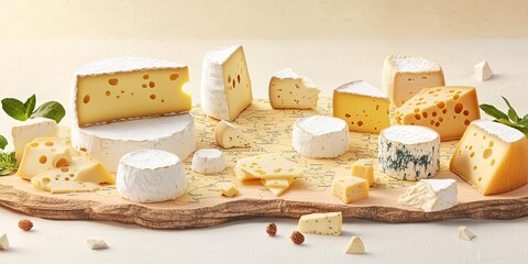 A stylized illustration of regional cheese varieties mapped out across a rustic map of Europe, regional cheese, dairy products, illustration, infographic
