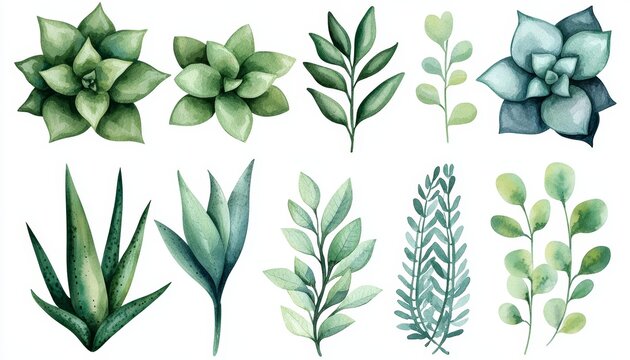 Assorted watercolor succulents and aloe plants, featuring soft greens and blues, perfect for botanical illustrations, plant-themed artwork, or eco-friendly projects