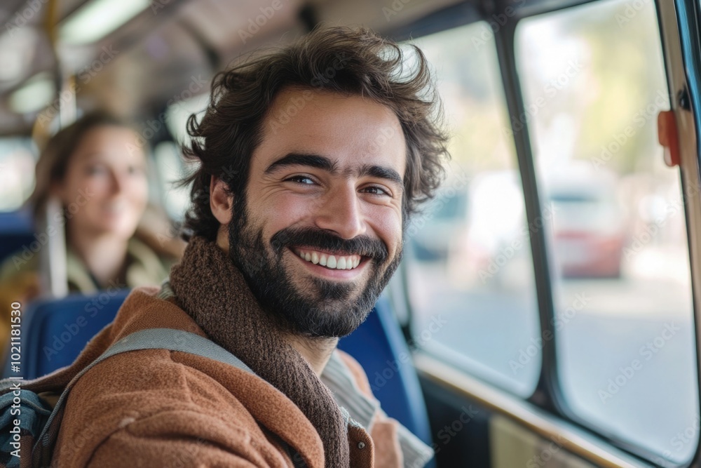 Poster a person with a beard enjoying the journey on a public transportation vehicle