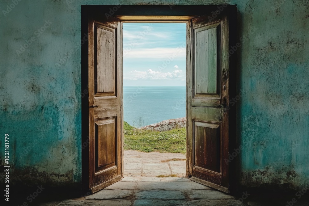 Poster a coastal landscape visible through an open doorway, with a blue sky and ocean waves in the backgrou