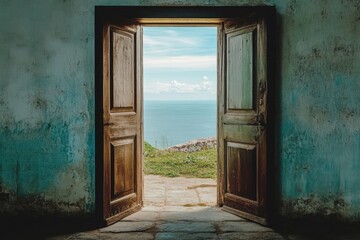 A coastal landscape visible through an open doorway, with a blue sky and ocean waves in the background