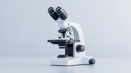 A modern white microscope on a smooth surface, reflecting a clean and professional scientific environment.