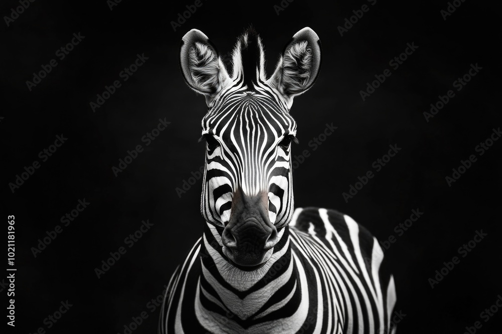Poster a black and white photo of a zebra, suitable for use in editorial or educational contexts