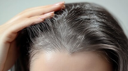 Fototapeta premium A close-up view of a woman scratching her scalp, revealing damaged hair, highlighting the importance of addressing scalp