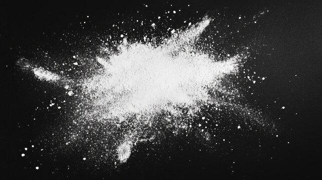 A dynamic explosion of white powder on a black background, creating a dramatic contrast and an artistic effect.