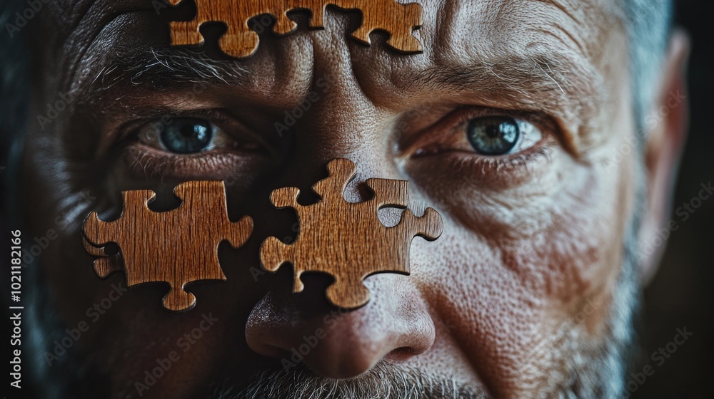 Leinwandbilder a close-up shot of a person with a puzzle piece attached to their face, conveying a sense of problem