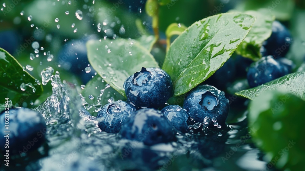 Poster a bowl of fresh blueberries with water droplets, ready for use in various culinary and decorative co