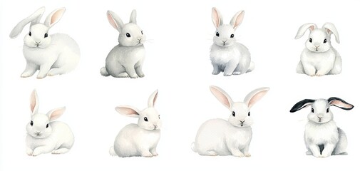 Fototapeta premium Charming watercolor bunny collection, featuring fluffy rabbits in different poses, ideal for animal-themed branding, childrens products, or cute decor