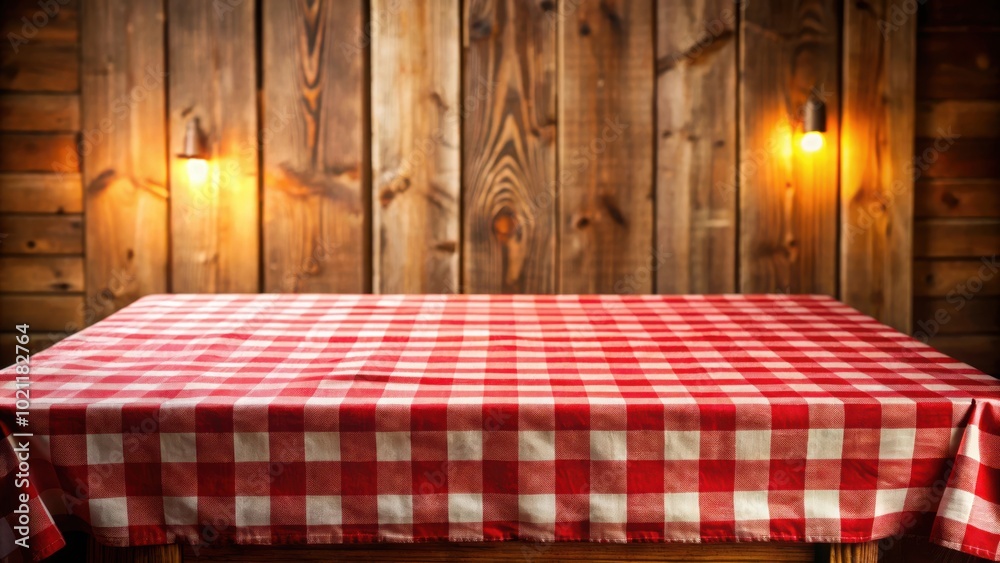 Poster rustic wooden table adorned with a vibrant red tablecloth for a cozy dining setting