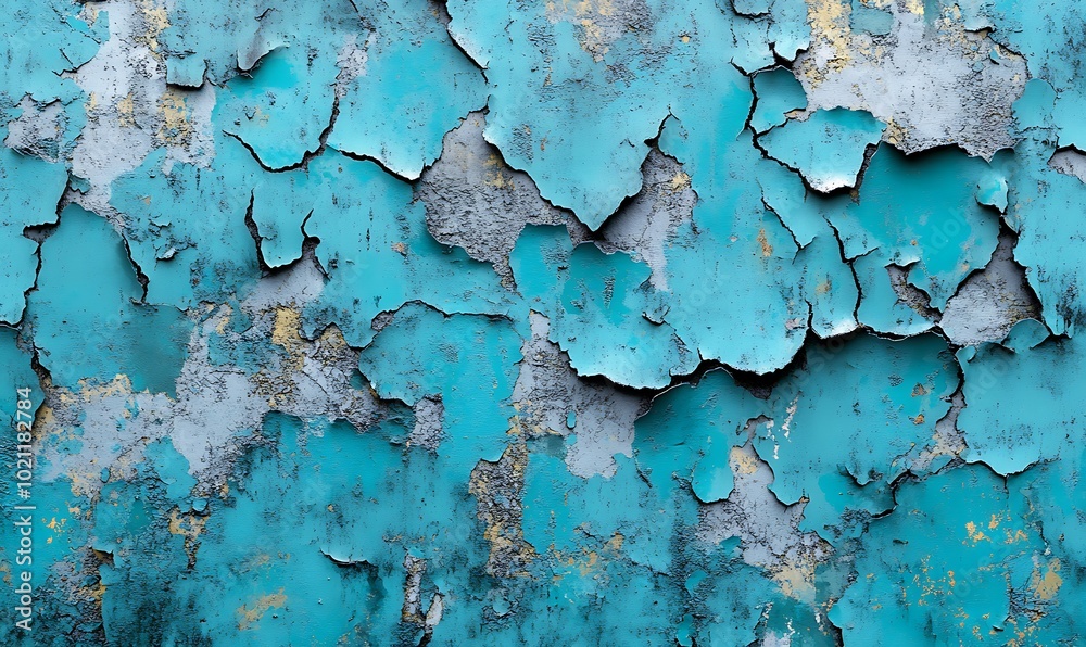 Poster a textured wall with peeling turquoise paint, revealing layers and underlying colors, creating an in