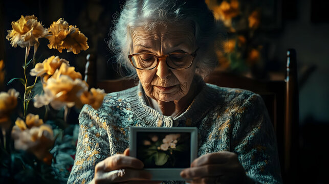 Old Woman Holding a Photo of Flowers, Realistic Image