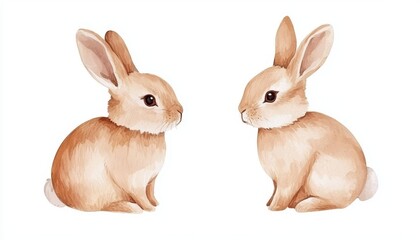 Obraz premium Cute watercolor bunnies with soft fur, ideal for nature-inspired artwork, baby nursery decor, or spring-themed designs