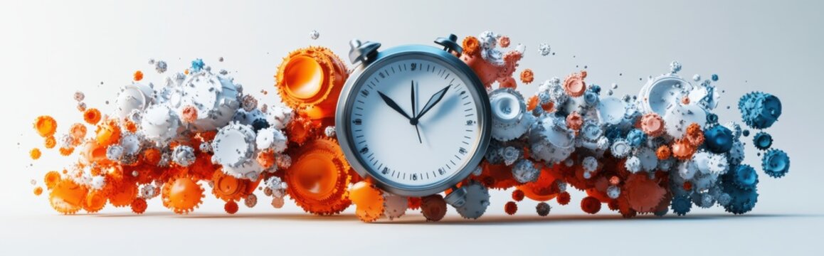 A creative abstract scene featuring a clock surrounded by exploding colorful gears, symbolizing time, mechanics, and dynamic movement.